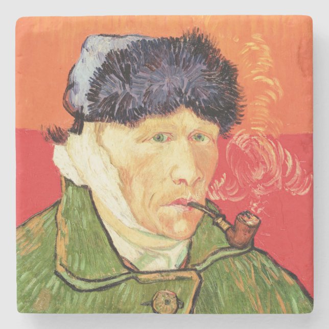 Van Gogh - Self Portrait with Bandaged Ear & Pipe Stone Coaster (Front)