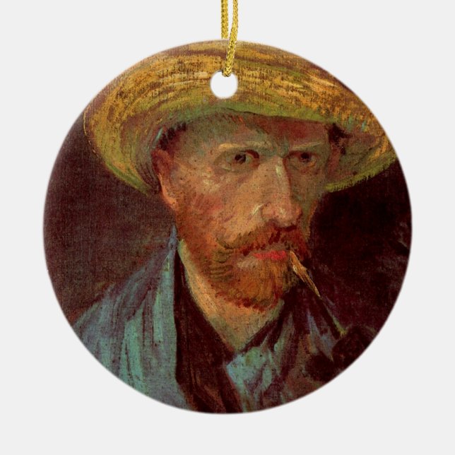 Van Gogh Self Portrait with Straw Hat and Pipe Ceramic Ornament (Front)