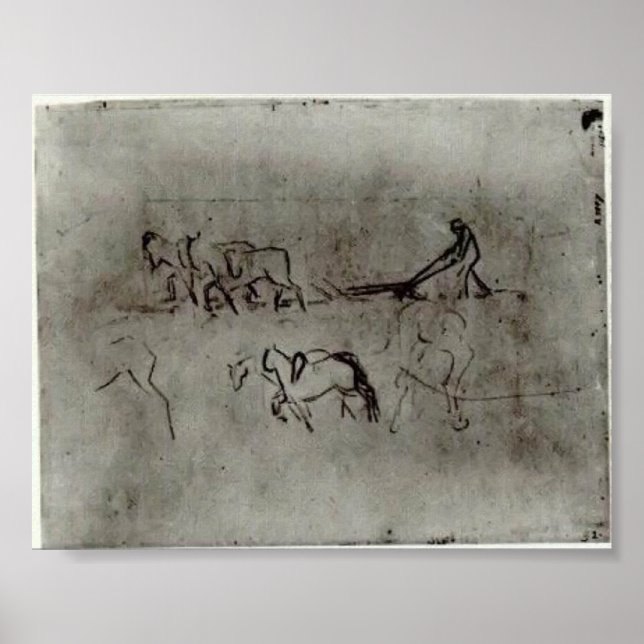 Van Gogh - Sketches of Peasant Plowing with Horses Poster (Front)