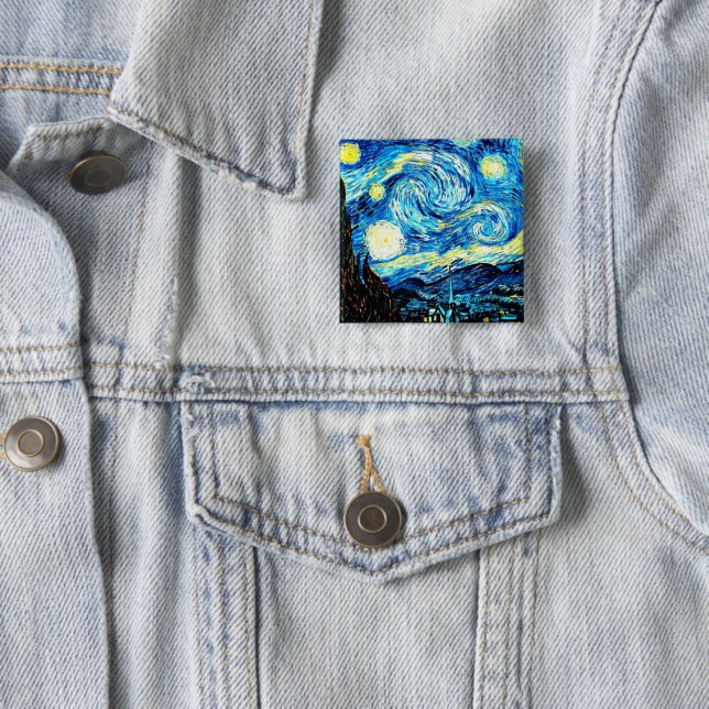 Van Gogh, Starry Night, 2 Inch Square Button (In Situ)