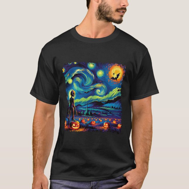 Van Gogh Starry Night Alien Man Halloween Fall Pum T-Shirt (Front)