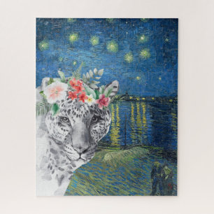 Van Gogh Starry Night and Flower Leopard  Jigsaw Puzzle