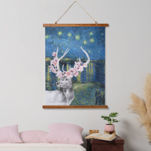 Van Gogh Starry Night and Flower Stag Compilation  Hanging Tapestry