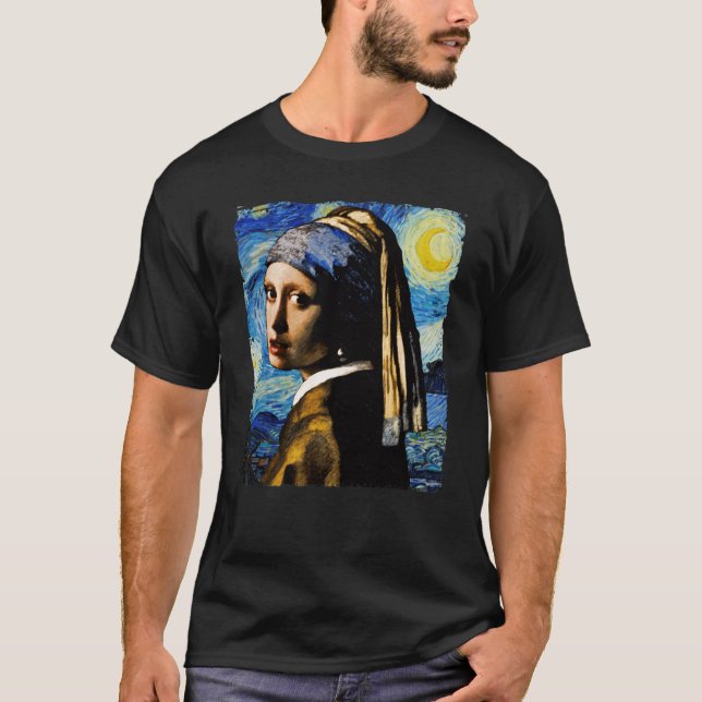 Van Gogh Starry Night and Girl With a Pearl Earrin T-Shirt (Front)