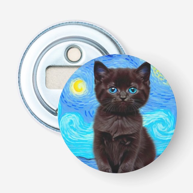 Van Gogh Starry Night Black Cat Bottle Opener (Front)