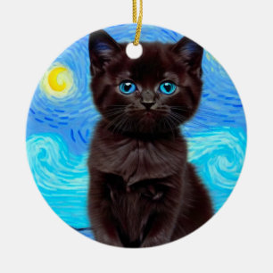 Van Gogh Starry Night Black Cat Ceramic Ornament