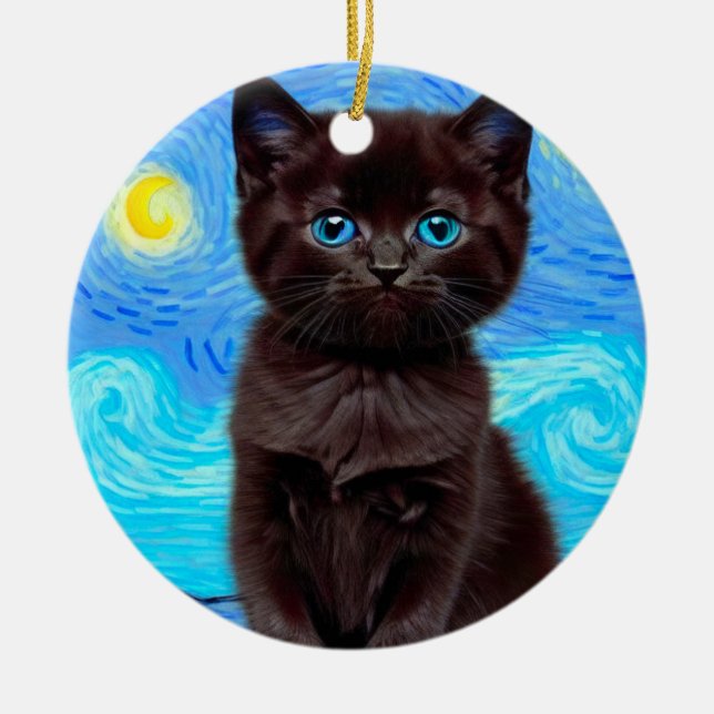 Van Gogh Starry Night Black Cat Ceramic Ornament (Front)