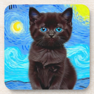 Van Gogh Starry Night Black Cat Coaster