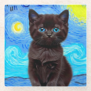 Van Gogh Starry Night Black Cat Glass Coaster
