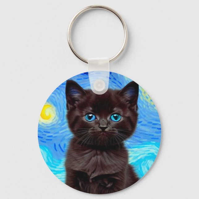 Van Gogh Starry Night Black Cat Keychain (Front)
