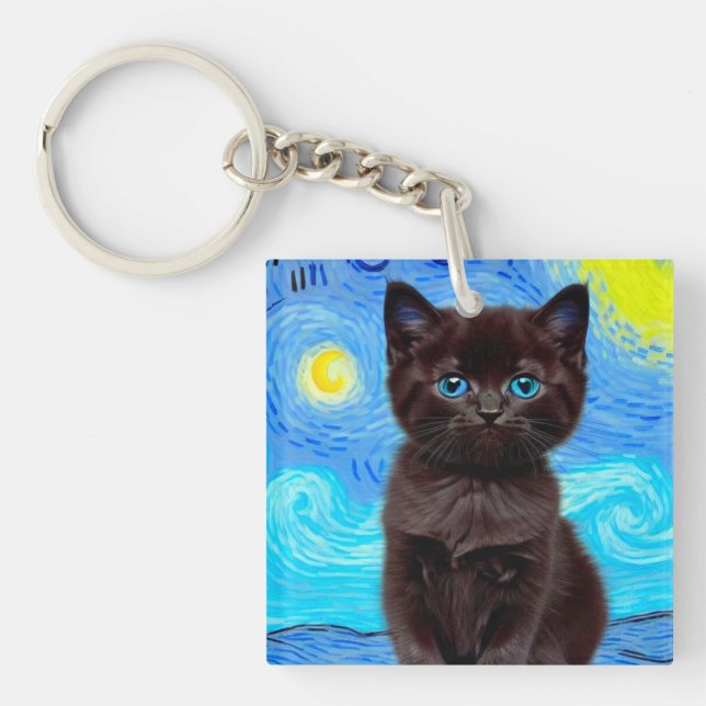 Van Gogh Starry Night Black Cat Keychain (Front)