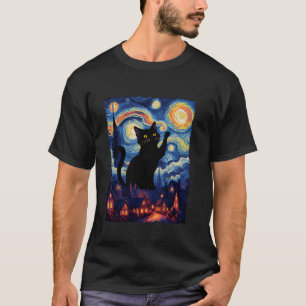 Van Gogh Starry Night Black Cat Lover Mom Dad Funn T-Shirt