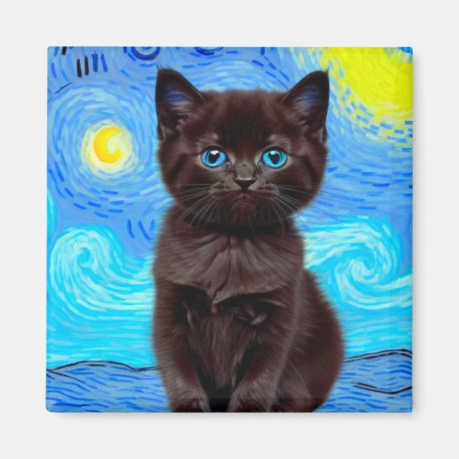 Van Gogh Starry Night Black Cat Magnet (Front)