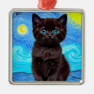 Van Gogh Starry Night Black Cat Metal Ornament