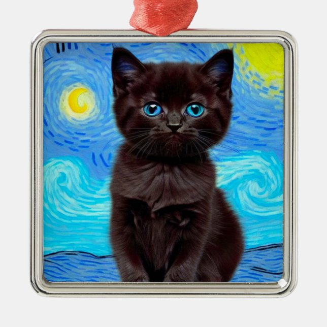 Van Gogh Starry Night Black Cat Metal Ornament (Front)