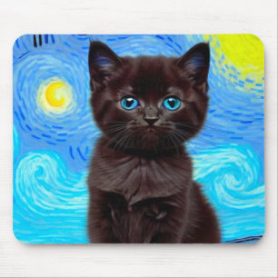 Van Gogh Starry Night Black Cat Mouse Pad
