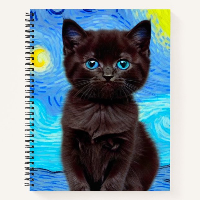 Van Gogh Starry Night Black Cat Notebook (Front)