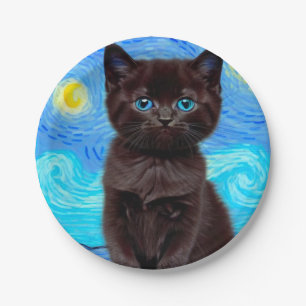 Van Gogh Starry Night Black Cat Paper Plate