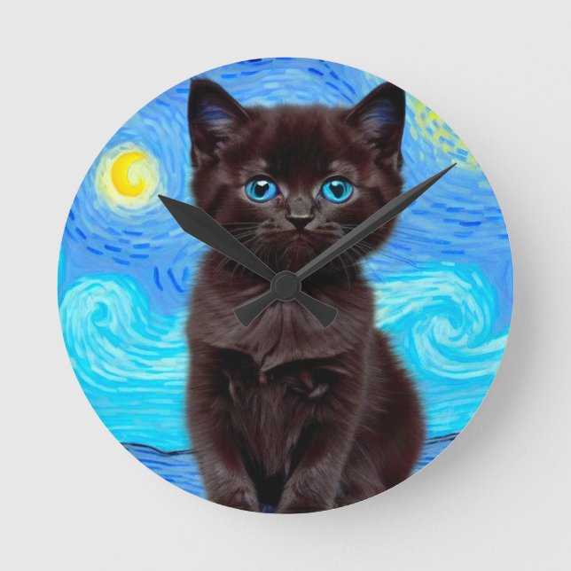 Van Gogh Starry Night Black Cat Round Clock (Front)