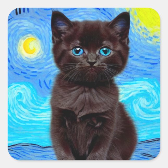 Van Gogh Starry Night Black Cat Square Sticker (Front)