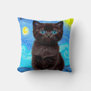 Van Gogh Starry Night Black Cat Throw Pillow
