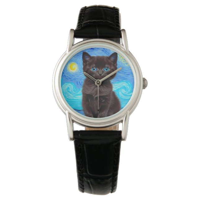 Van Gogh Starry Night Black Cat Watch (Front)