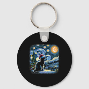 Van Gogh Starry Night Cat Funny Black Cat Christma Keychain