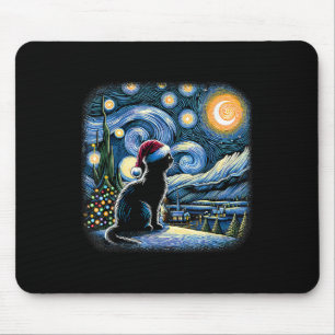 Van Gogh Starry Night Cat Funny Black Cat Christma Mouse Pad