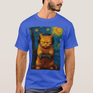 Van Gogh Starry Night Cat Gamer Gaming Video Game  T-Shirt