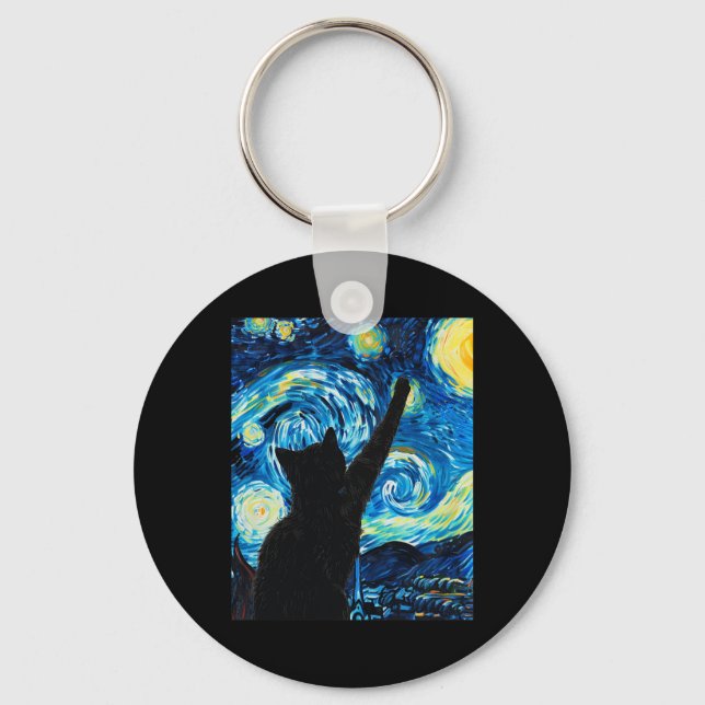 Van Gogh Starry Night Cat Lover Kitten  Keychain (Front)