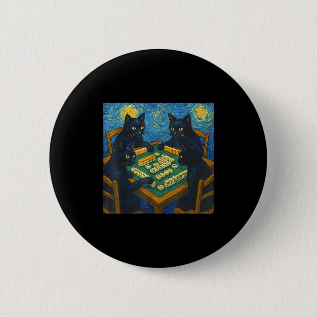 Van gogh starry night cat playing mahjong chinese 2 inch round button (Front)