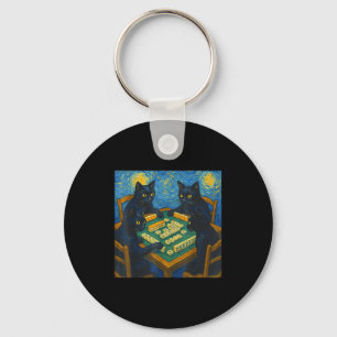 Van gogh starry night cat playing mahjong chinese keychain