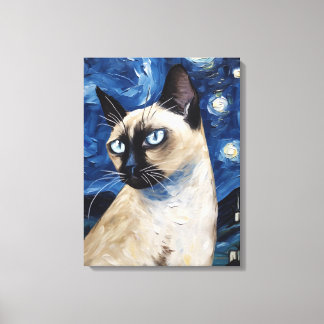 Van Gogh Starry Night  Cat Siamese Dream Canvas Print