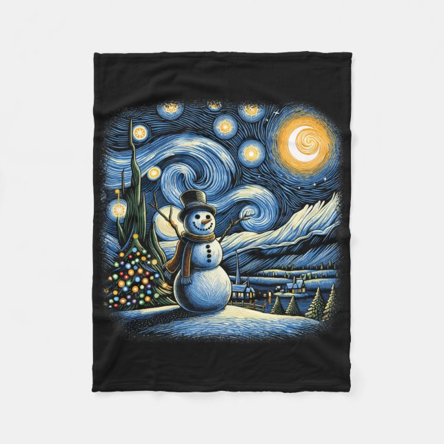 Van Gogh Starry Night Christmas Snowman Winter Sno Fleece Blanket (Front)
