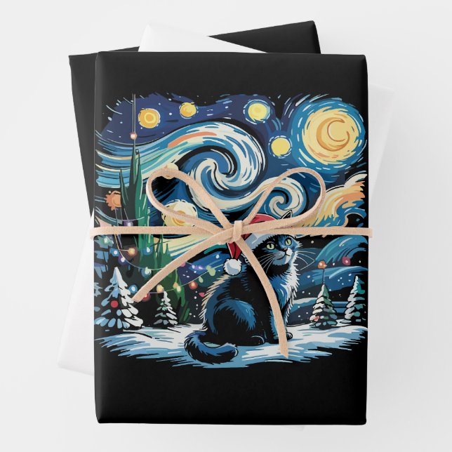 Van Gogh Starry Night Festive Christmas Black Cat  Wrapping Paper Sheet (In situ)