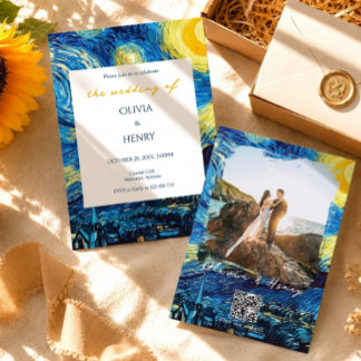 Van Gogh Starry Night Photo QR Code Wedding Invitation