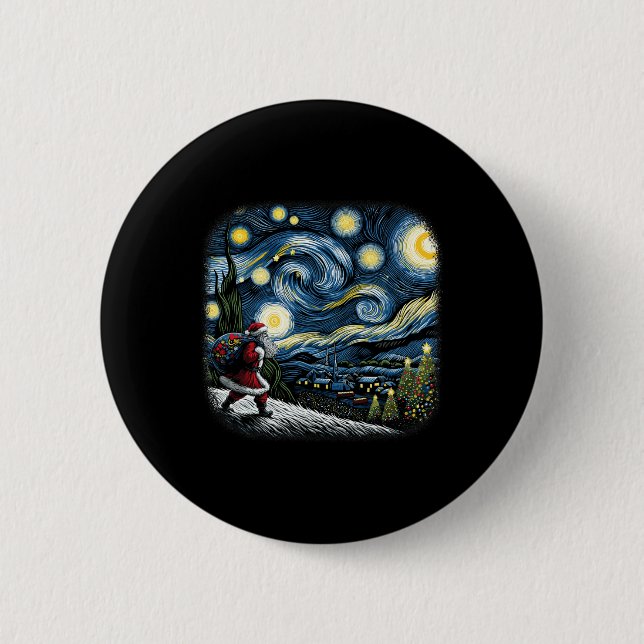 Van Gogh Starry Night Santa Christmas Winter Snowy 2 Inch Round Button (Front)