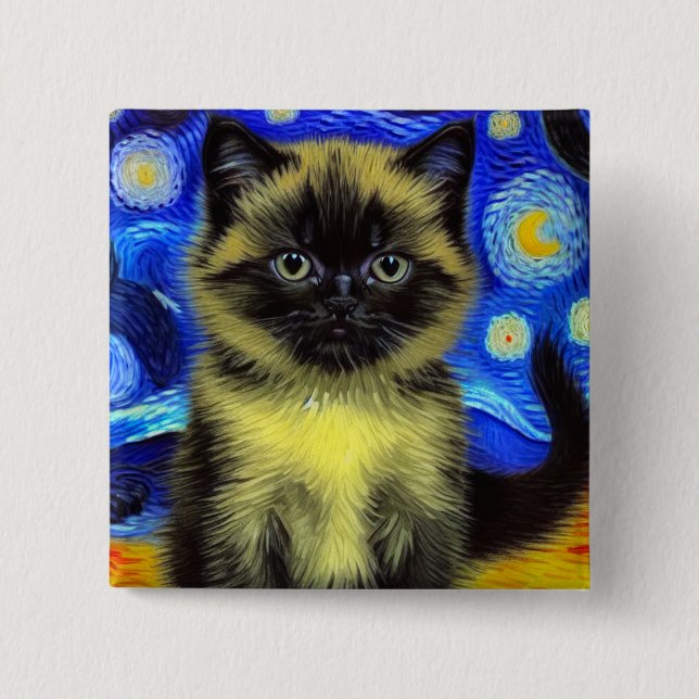 Van Gogh Starry Night Siamese Cat 2 Inch Square Button (Front)