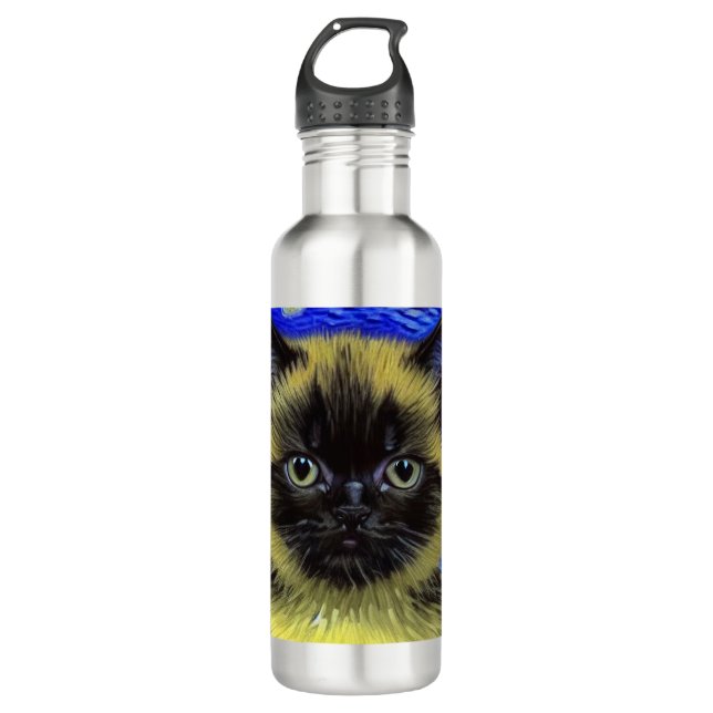 Van Gogh Starry Night Siamese Cat 710 Ml Water Bottle (Front)