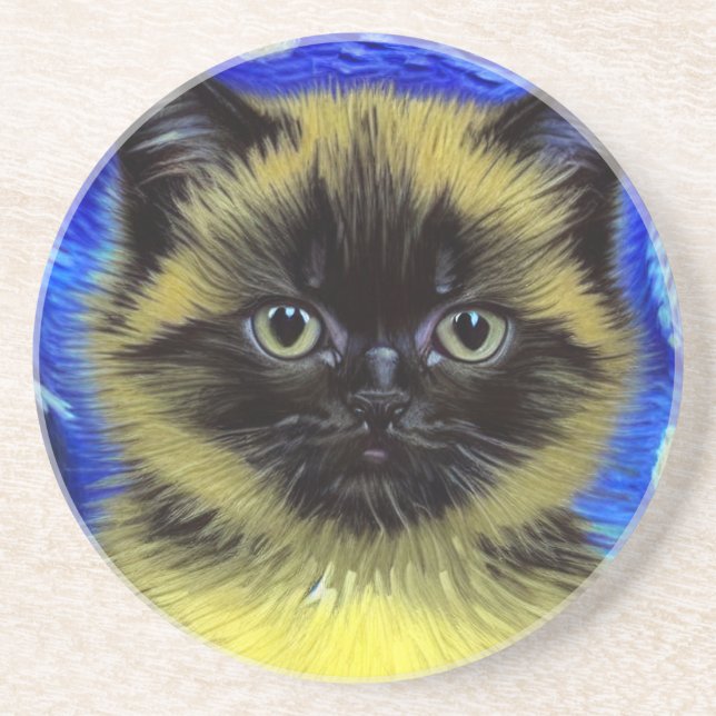 Van Gogh Starry Night Siamese Cat Coaster (Front)
