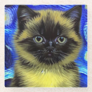 Van Gogh Starry Night Siamese Cat Glass Coaster