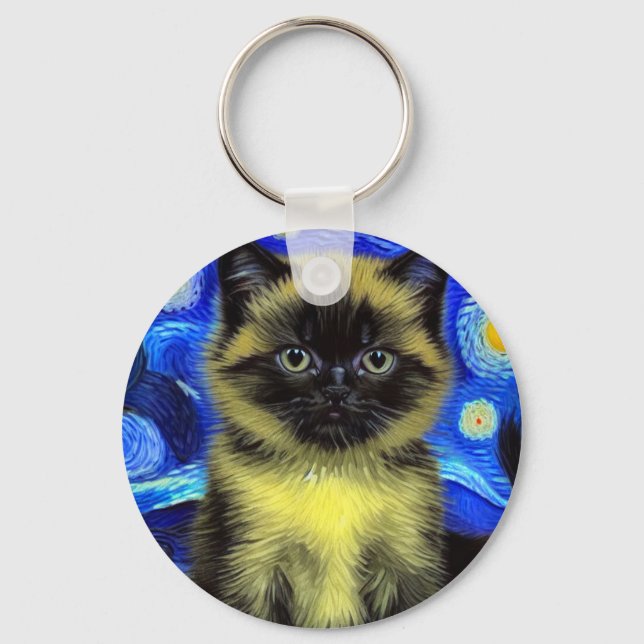 Van Gogh Starry Night Siamese Cat Keychain (Front)
