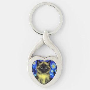Van Gogh Starry Night Siamese Cat Keychain