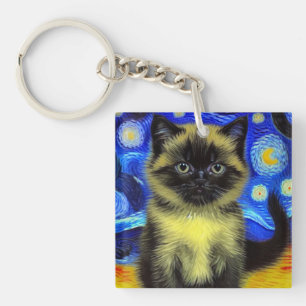 Van Gogh Starry Night Siamese Cat Keychain
