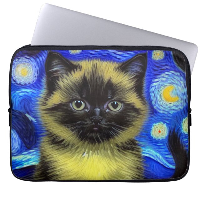 Van Gogh Starry Night Siamese Cat Laptop Sleeve (Front)