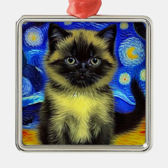 Van Gogh Starry Night Siamese Cat Metal Ornament (Front)