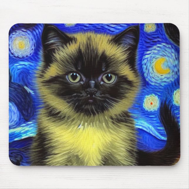 Van Gogh Starry Night Siamese Cat Mouse Pad (Front)