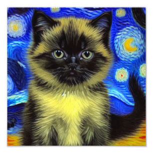 Van Gogh Starry Night Siamese Cat Photo Print