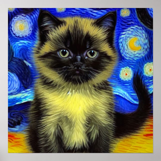 Van Gogh Starry Night Siamese Cat Poster (Front)
