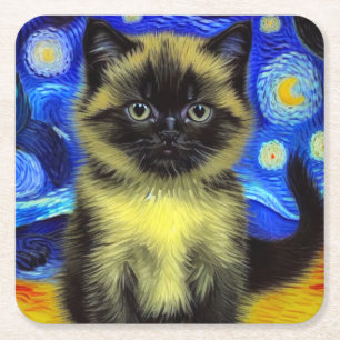 Van Gogh Starry Night Siamese Cat Square Paper Coaster